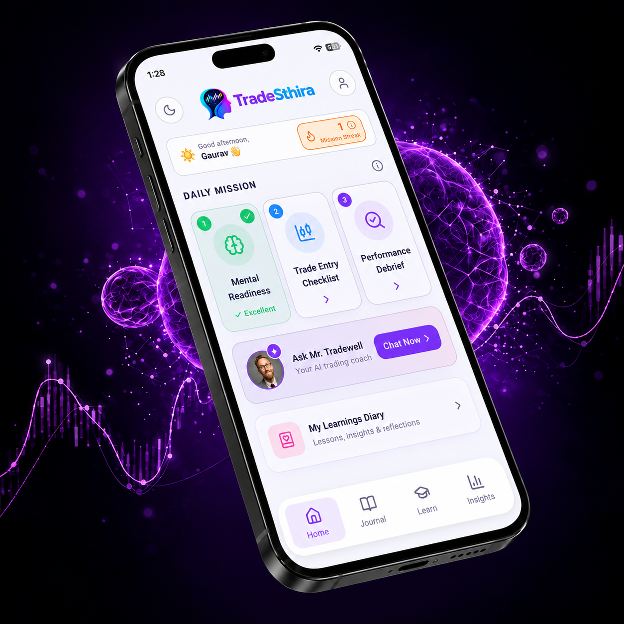 TradeSthira trading psychology app shown on a phone